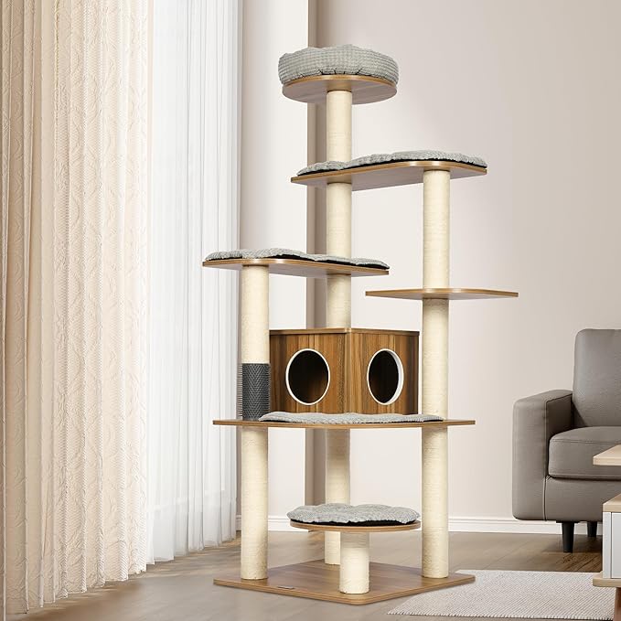 KAMABOKO Solid Wood Cat Tree, 69” Large Tall Cat Tower Multi-Level Platforms with Sisal Scratching Posts, Cat Tree for Large Cats 20 lbs Heavy Duty, Cat Condo Furniture for Active Cats