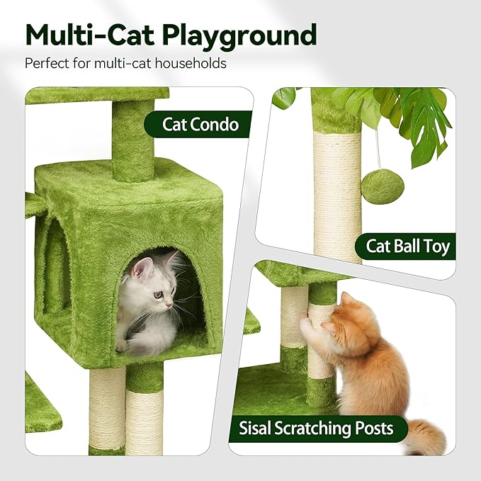 Green Tall Cat Tree 47-Inch for Kittens Under 6 Months 9lbs, Cat Tower for Small Cats - Scratching Post, Plush Hammock, Double Condos & Dangling Toys