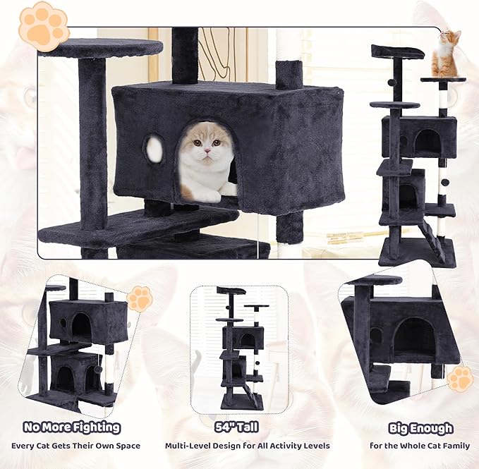54" Cat Tree, Cat Tower for Indoor Cats, Cat Jumping Platform & Cat Scratching Post, Cat Condo with Spacious Cat Bed Cave & Hidden Space, Dark Gray