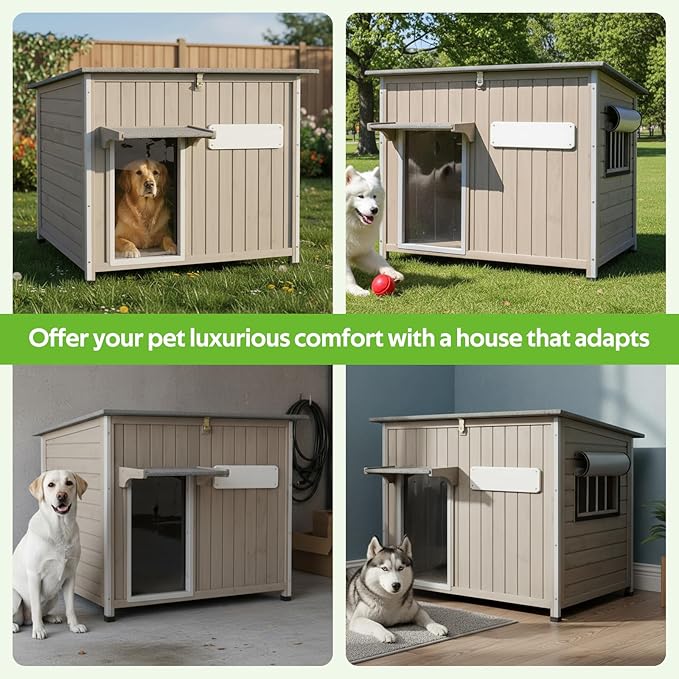 Dog House Indoor Outdoor, Weatherproof Wooden Dog House for Medium/Large Dogs, Chew-Proof Frame, Vent Window & Elevated Floor, Openable Roof, Easy to Assemble & Clean, Gray 43.3" L×29.5" W×33.5" H