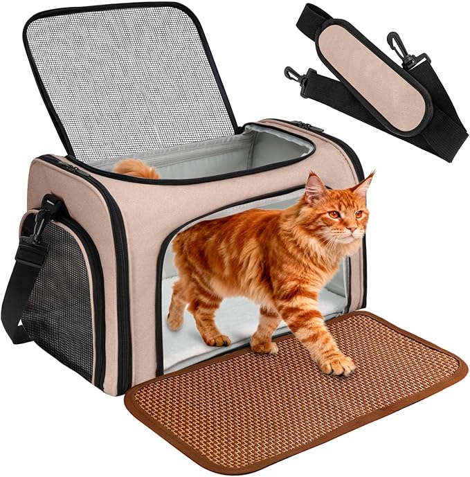 Cat Carrier Dog Carrier - Soft-Sided Cat Carrier with Plush Pad & Cooling Mat, Easy-Load 4-Side Zipper & 3-Side Mesh Ventilation, Pet Carrier Airline Approved for Cats/Dogs Up to 16 lbs, Brown