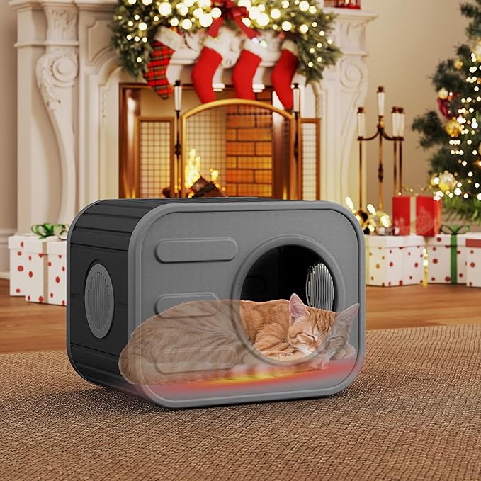 NUNU LAB Plastic Cat House Outdoor, Cats House for Indoor, Weatherproof Cat House, Camera Shaped Design, with Escape Door, for Small to Medium Cats (Grey)