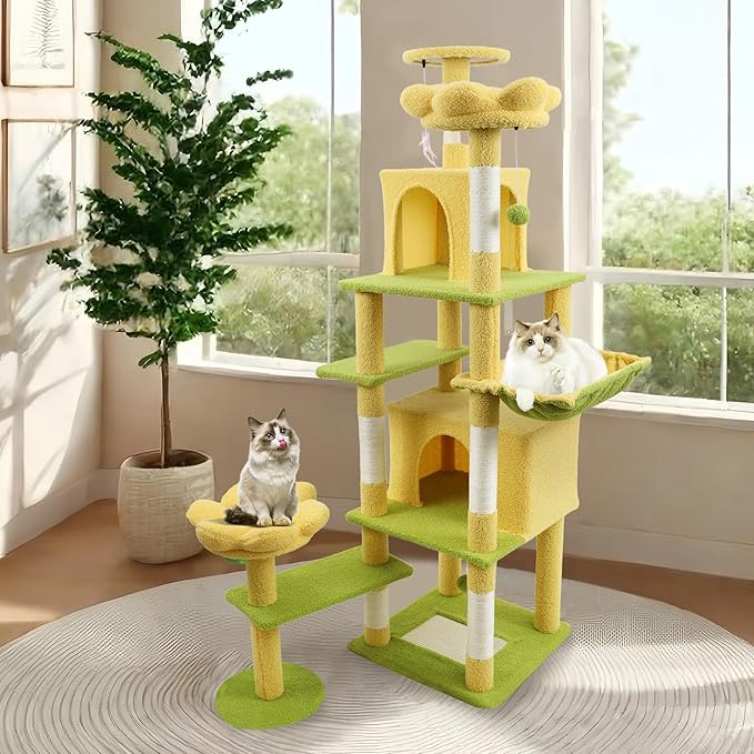 71-inch Flower Cat Tree, Large Cactus Cat Tree Tower Condo with Sisal Scratching Post, Cat Condos, Hammock, Removable Flower Cushion, Multi-Level Pet Activity Center, Pink (Yellow)