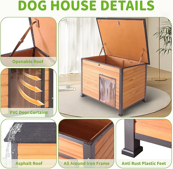 Insulated Dog House Outdoor Weatherproof, Wooden Heated Large Houses with Removable Liner for Winter, Upgrade Anti-Chewing Iron Frame Dog Shelter for Puppies, Cats