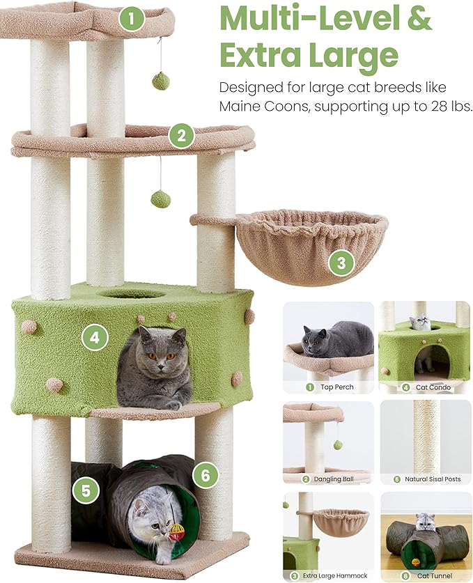 Heavy Duty Cat Tree for Large Cats Adult - 60 Inch XXL Sturdy Cat Tower Condo with Extra Wide Scratching Posts (φ4.4in) Big Cat House Hammock Perch - Indoor Wood Modern Multi Level Corner Cat Bed