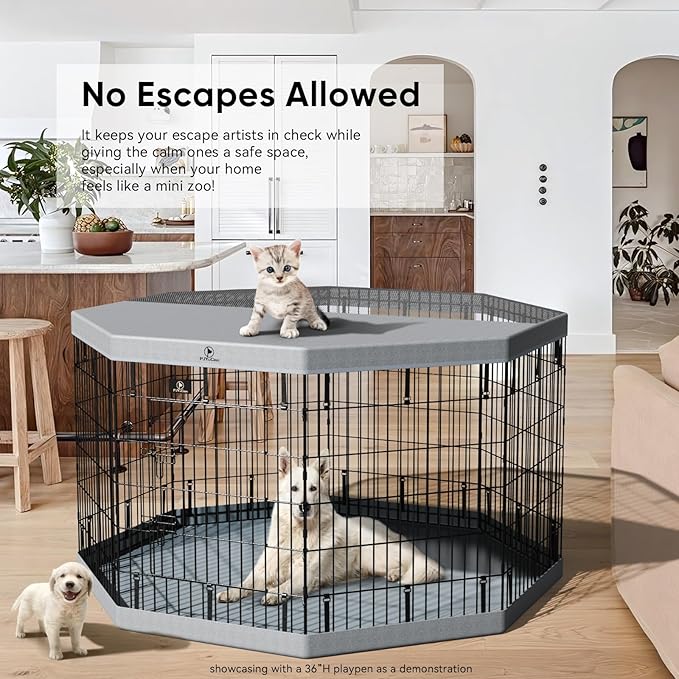 PJYuCien Dog Playpen with Bottom Pad - Metal Foldable Exercise Pen, 8 Panels 30" H x 24" W Indoor Outdoor Pet Fence Puppy Crate Kennel, Gray