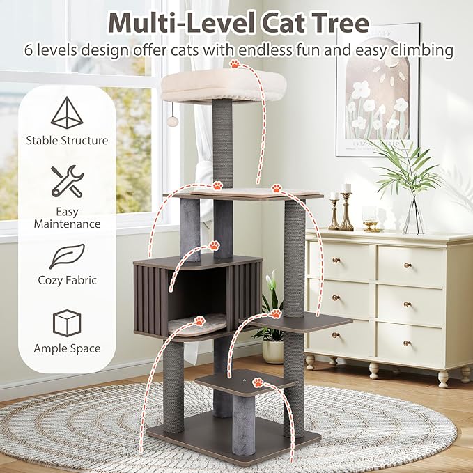 PETSITE 59.5 Inches Modern Cat Tree, Multi-Level Cat Tower with Scratching Posts, Large Condo with Removable Pad, Cushioned Soft Top Perch, and Interactive Dangling Ball (Grey)