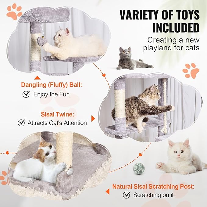 Multi-Level Cat Tree Tower with Sisal Scratching Posts, Plush Condo & Toys - Durable Cat Activity Center for Indoor Cats (Light Grey, 72)