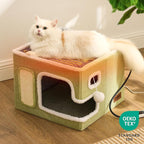 Heated Cat House for Indoor Cats - Cat Warming Bed for Winter with Fluffy Ball Hanging and Adjustable Heating Pad, Foldable Cat Hideaway,16.5x16.5x13 inches, Grey