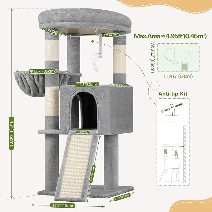 Globlazer 45" Cat Tree for 2-3 Medium Cats, Multi-Level Cat Tower with Scratching Board for Kittens and Senior Cats, Condo & Hammock Space Saving Cat Tower, F45, Light Gray