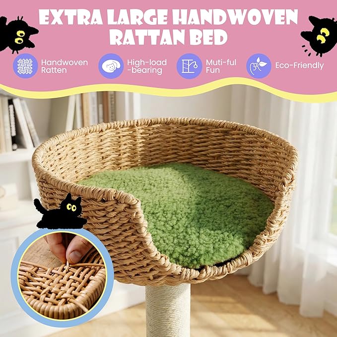 SHA CERLIN 82" Handmade Rattan Cat Tree Tower, Multi-Level Activity Center with Sisal Scratching Posts, Plush Condo, Wicker Perches & Hammock, Large Indoor Cat Playground, Green