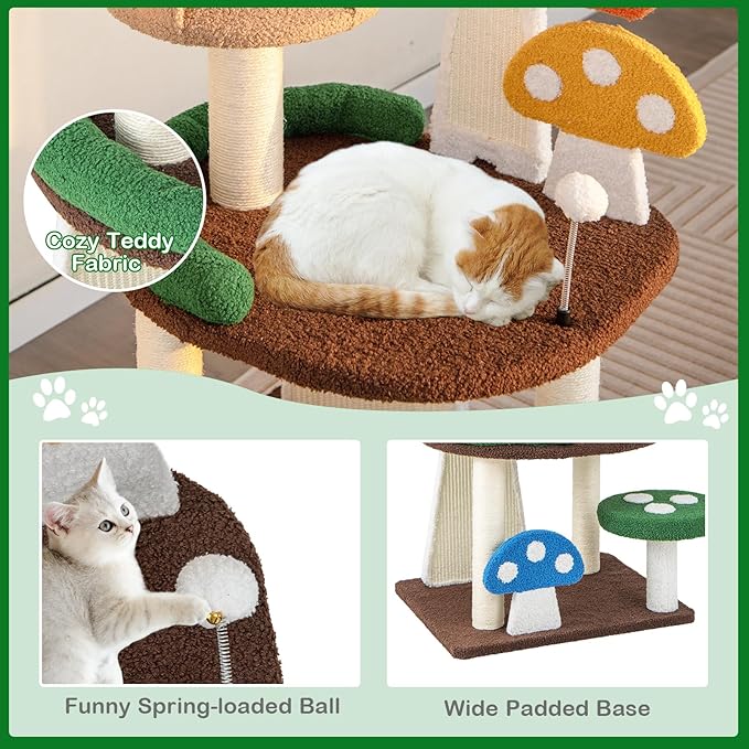 Mushroom Cat Tree, Multi-Layer Cat Tower with 2 Condos & Platforms, Cat Activity Center with Full-Wrapped Sisal Posts, Sisal Scratching Boards & Interactive Balls for Indoors (40.5")