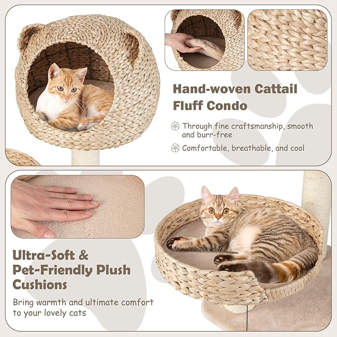 Giantex Wooden Cat Tree, 48 inches Cat Tower with Cattail Condo, Cat Bed, Hammock, Rotatable Jingling Balls, Natural Sisal Scratching Posts, Removable Cushion, Multi-Level Kitten Activity Center