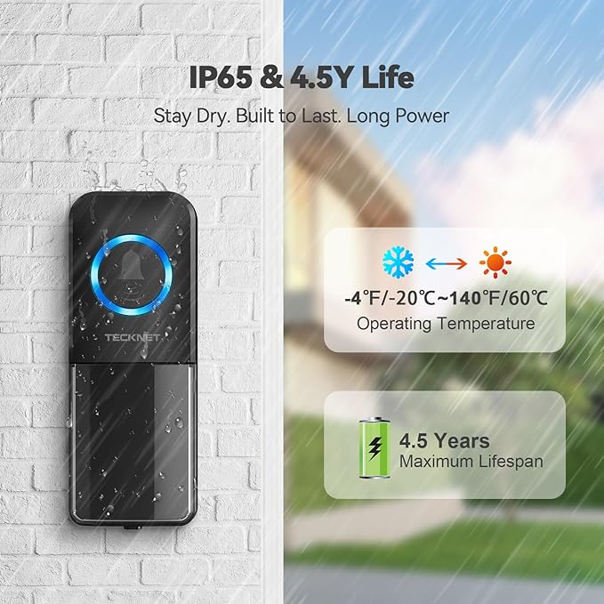 TECKNET Wireless Doorbell, Door Bell 0-120dB, Plug-In Doorbells 1300ft Range, Classroom Doorbell IP65 Waterproof, 60 Chimes & 5 Volume Levels, LED Light for Home Kids Classroom Hearing Impaired, black