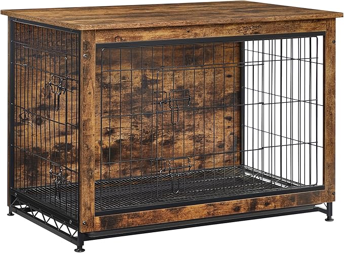 Feandrea 38.6" Dog Crate Furniture, Indoor Dog Cage Side End Table, XL Pet Wood Kennel for Large and Medium Dogs up to 70 lb with Multi-Purpose Removable Tray, Double-Door Pet House, Rustic Brown
