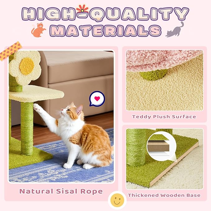 Erinnyees Flower Cat Tree, 38.2 Inches Cat Tower, Multi-Level Indoor Kitty Tree Tower, Kitty House with Cozy Top Flower Platform, Spacious Condos, Soft Hammock, Sisal Scratching Post
