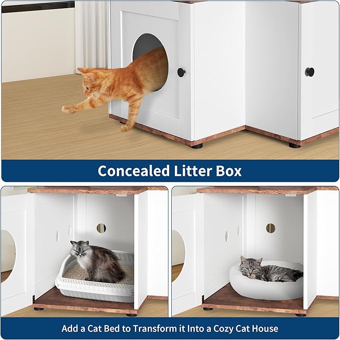 48.8" Wooden Cat Tree with Hidden Litter Box Enclosure & Storage Cabinet – 2-in-1 Cat Furniture with Scratching Post, Toy Balls, and Play Area for Indoor Cats