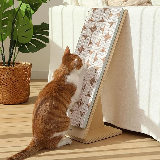 FUKUMARU Cat Scratcher Ramp for Indoor Cats, 23.66 Inch Wood L Shape Cat Scratching Board, Replaceable Cardboard Cat Scratch Pad, Vertical Kitten Scratcher Furniture Protector for Couch Sofa Wall