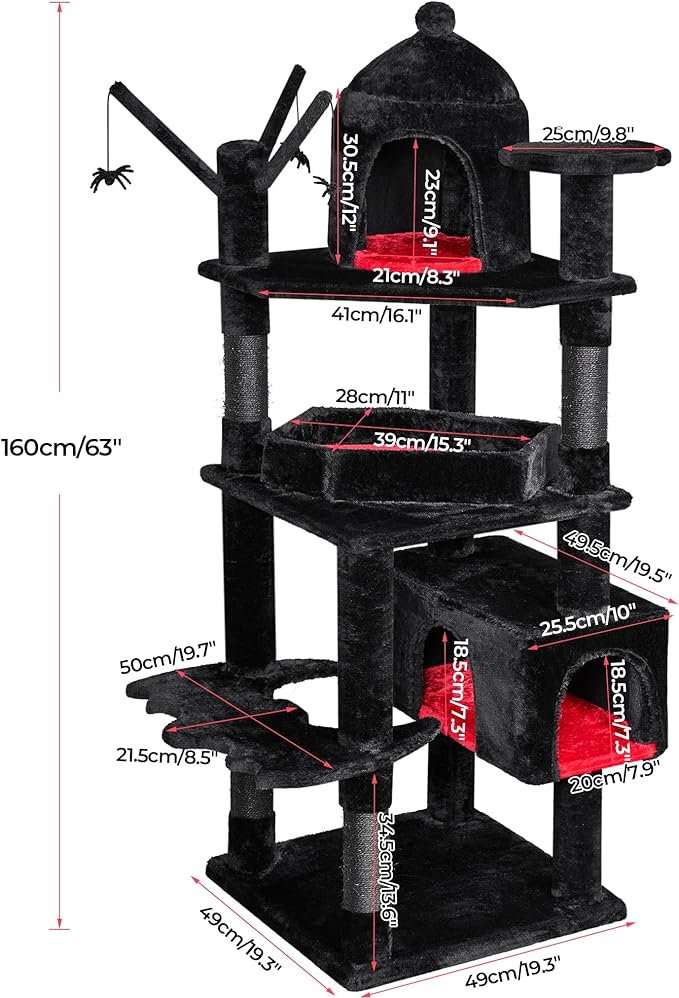 BEWISHOME Heavy Duty Cat Tree, 63 in Large Cat Trees Gothic Cat Tower with Coffin Bed, Cat Houses with Scratching Posts for Large Cats 20 lbs+, Tall cat Condos, Black & Red MMJ96R