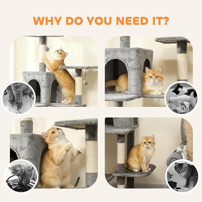 PawHut Cat Tree, 80" Large Cat Tower for Indoor Kittens with 2 Spacious Condos, Sisal Scratching Posts, 2 Hanging Balls, Comfy Hammock, Perches, Bed, Dark Gray