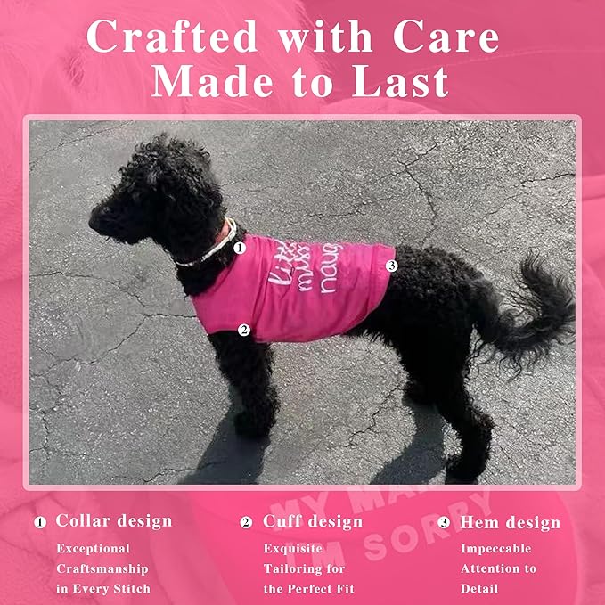 Pink Cotton Dog Shirt with 'Little Miss Naughty' Bee Print, Soft & Breathable Pet Apparel for Small to Large Dogs, All-Season Sleeveless Vest, Cute and Comfortable Dog Outfit.Pink XL