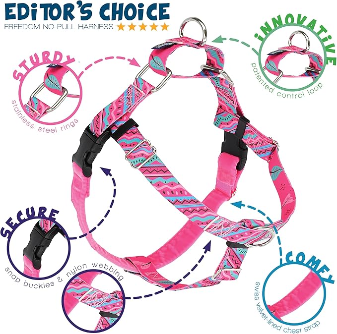2 Hounds Design - Freedom No-Pull Harness & Training Leash in Pink and Blue | Dual Leash Loops, No Pulling on Walks | Lined to Prevent Chaffing | for Large Sized Dogs (Size M, Chest 24”- 28”)