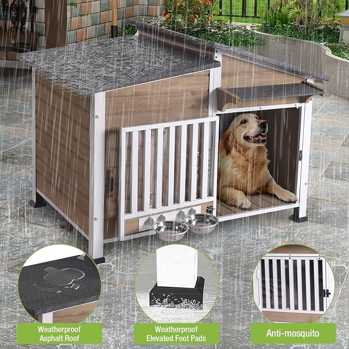 Dog House for Outdoor Use with Matel Frame, Waterproof Design -All-Weather Wooden Kennel with Sliding Window & Metal Frame (Brown-1, L)