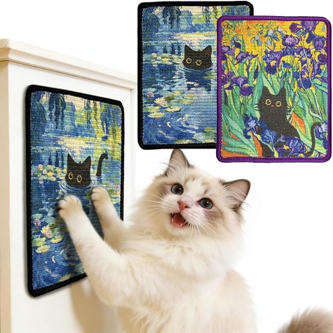 2PCS Cat Scratcher Wall Art, Sisal Home Decor Cat Scratch Mats, Wall Mount Kitten Scratching Pad with Hoop and Loop Adhesives, Cardboard Post Alternative for Indoor, Irises+Water Lilies