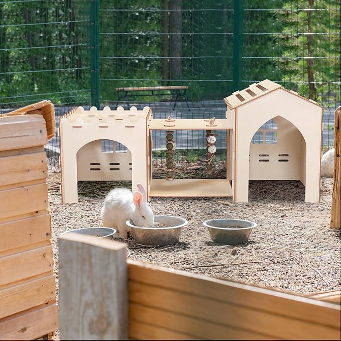 Woiworco Extra Large Rabbit Castle Hideout Bunny House for Easter Day with 3 Houses and Toys, Wooden Bunny Hideout Indoor Large Rabbit Hutch Play Houses and Hideouts Nut Castle Hamsters