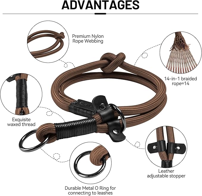 Slip Dog Collar, Nylon Rope Dog Choker Collars with Adjustable Stopper, Heavy Duty Collar for Medium Dog Training (Brown)