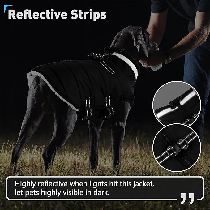 Dogcheer Dog Coat, Waterproof Dog Jacket with Harness, Reflective Adjustable Winter Coat with Zipper, Christmas Pet Snow Jacket Clothes for Small Medium Large Dogs - Black M