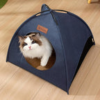 Pop-up Cat Tent Indoor Outdoor, Waterproof Cat House with Removable Cushion for All Seasons, Portable Pyramid Cat Cave Bed for Cats & Small Dogs, No Assembly Folding Pet Tent,18.9x18.9x15.4, Blue