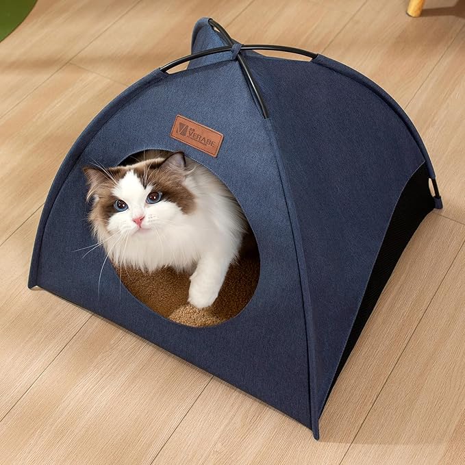 Pop-up Cat Tent Indoor Outdoor, Waterproof Cat House with Removable Cushion for All Seasons, Portable Pyramid Cat Cave Bed for Cats & Small Dogs, No Assembly Folding Pet Tent,18.9x18.9x15.4, Blue
