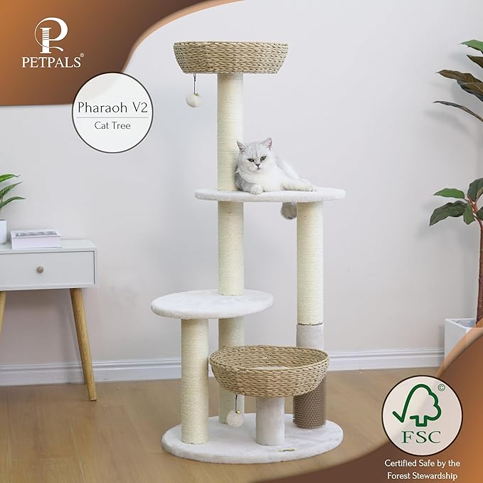 PetPals® Pharaoh 5-Level Cat Tree with Recycled Paper Rope Baskets, Sisal Scratching Posts, Teaser Toy, Massager, Eco-Friendly Boho Cat Furniture for Cats Up to 15 lbs