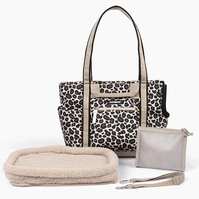 Cleverpup Transit Tote Dog Carrier for Small Dogs up to 8 lbs, 16x11x8 Soft-Sided 4-Pc Set with Waterproof Base, Plush Insert, Food Pouch, Mesh Head Opening - Small, Leopard