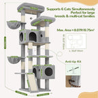 Globlazer 77" Cat Tree for Large Cats, Tall Cat Tower with Scratching Board & Thickened Stable Base, Skin-Friendly Multi-Level Activity Center for Multi-Cat Household, Maine Coon, S77C,Light Grey
