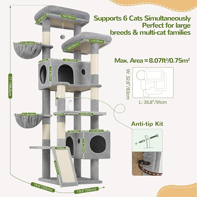 Globlazer 77" Cat Tree for Large Cats, Tall Cat Tower with Scratching Board & Thickened Stable Base, Skin-Friendly Multi-Level Activity Center for Multi-Cat Household, Maine Coon, S77C,Light Grey