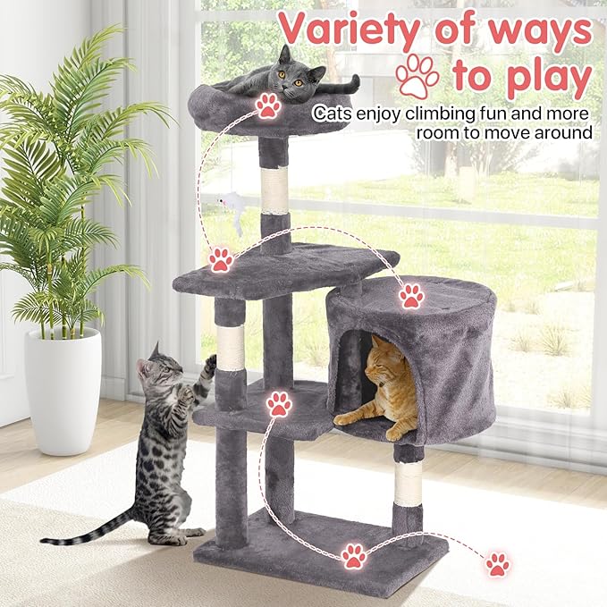 Cat Tree, 36 Inches Indoor Cat Tree Tower Condo, Natural Sisal Cat Scratching Post with Cozy Bed, Small Cats Tree for Kittens, Soft Perch & Cute Toys, Light Gray