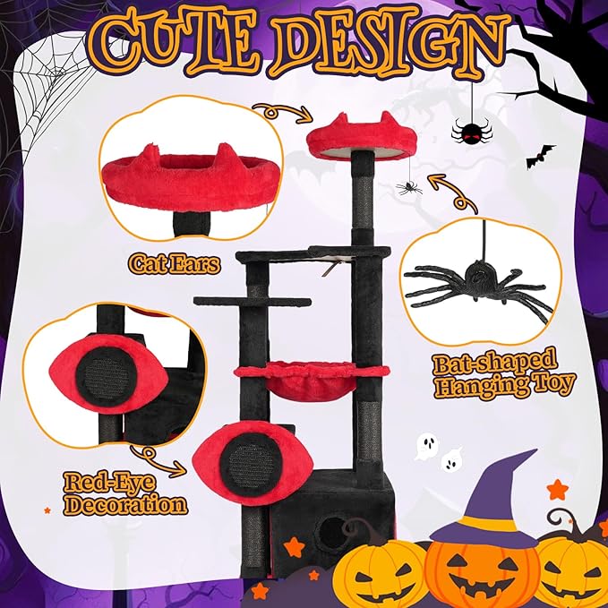 Outvita Halloween Large Cat Tree,53.1" Gothic Cat Tower with Padded Perch, Spacious Condo, Comfy Hammock, Scratching Post, Hanging Toy for Indoor Cats, Red & Black