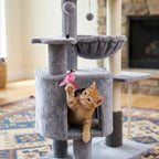 Cat Tree with Cat Condo and Hammock for Indoor Cats, Cat Tree with Self-Grooming Brush and Toy Balls,Cat Tower with Scratching Posts,Grey