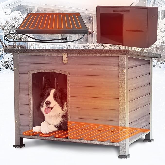 33.3’’ Heated Outdoor Dog House Weatherproof Insulated Dog Kennel with Metal Frame, Dog Shelter with Heating Pad, 6-Sided Insulated Liner and PVC Door Curtain for Winter (Grey)
