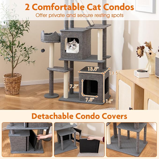 Tangkula 71 Inch Tall Cat Tree, Multi-Level Large Cat Tower with Scratching Posts & Sisal Board & Ladder, 2 Removable Condos, Perch, Bed, Dangling Balls, Modern Linen Fabric Cat Tree for Indoor Cat