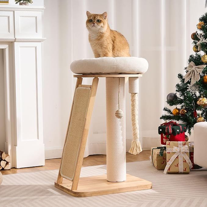 Modern Cat Tree Small Tower with Scratching Post for Indoor, Solid Wood Multifunctional Corner Cat Tree Tower with Bed, Dangling Ball,Interactive Rope, Scratching Board