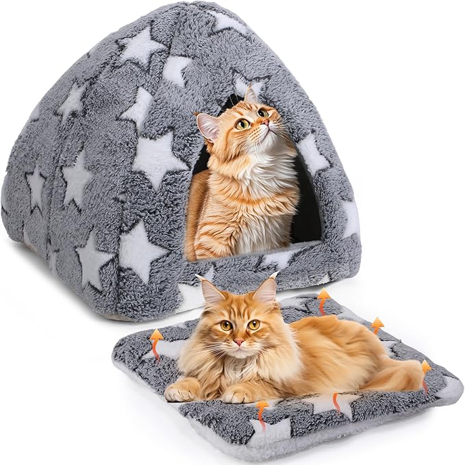 Cat Bed for Indoor, Self Warming Cozy Cat House Cave Bed Kitten Tent for Small Pets Hideout with Self Heating Mat Soft Removable Washable Cushion for Puppy Bunny Small and Medium Pet