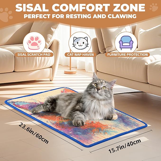 Sisal Cat Scratcher Mat, Cat Wall Scratcher for Indoor Cats, 23.6x15.7 Inch Cat Scratch Pad with Hook & Loop, Wall Mounted Cat Scratching Post to Protect Couch and Carpet（Graffiti Cat）