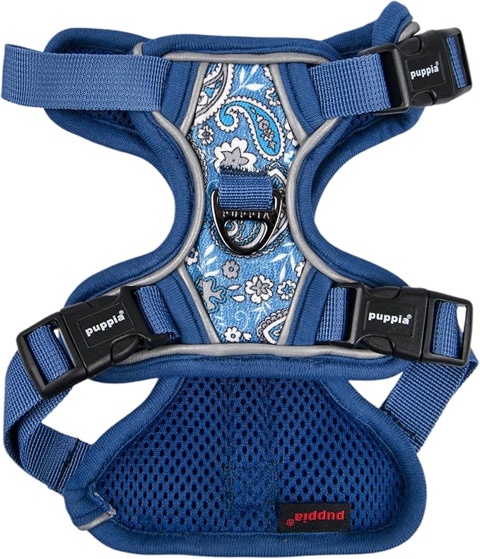 Puppia Cynthia Dog Harness H Sturdy Adjustable Neck and Chest Reflective Flower Pattern Front and Back D-Ring for Small and Medium Dogs, Blue, Medium