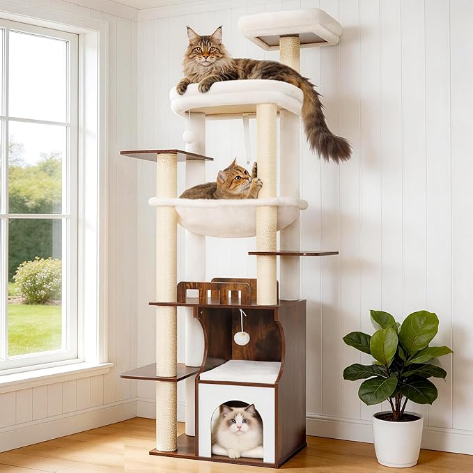 Cat Tree, 70.9 Inch Wood Cat Tower for Large Cats Adult, Modern Cat Furniture with Double-Layer Wooden Cat Condo, 2 Platforms, Large Hammock and Scratching Posts, Rustic Brown GCT102SR