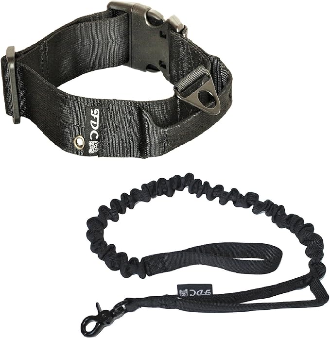 FDC Dog Tactical Collar with Leash Bungee Handle Heavy Duty Training Military Army Molle Width 1.5in Plastic Buckle TAG Hole Medium Large M, L, XL, XXL (M: Neck 12" - 14", Black)