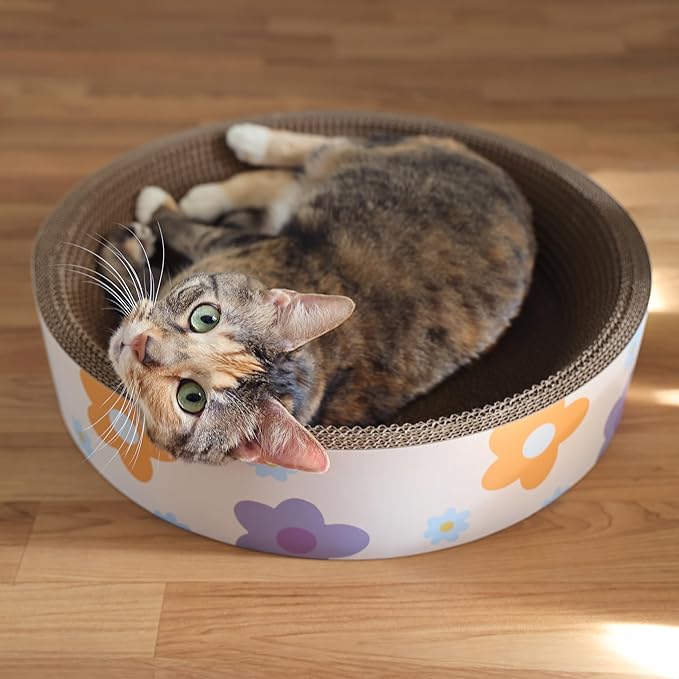 CSR1001A-SET2 Daisy 18.13" Modern Cardboard Bowl Cat Scratcher with Catnip, White/Multi (Set of 2)