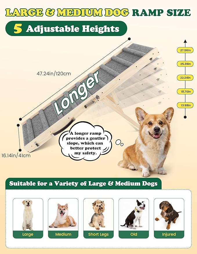 Dog Ramp Dog Stairs for Large Dogs Foldable Dog Ramp with 5 Adjustable Heights from 13.98'' to 27.56" Wood Pet Ramp with Non Slip Carpet Portable Puppy Ramp for Couch, Sofa, Bed, Car